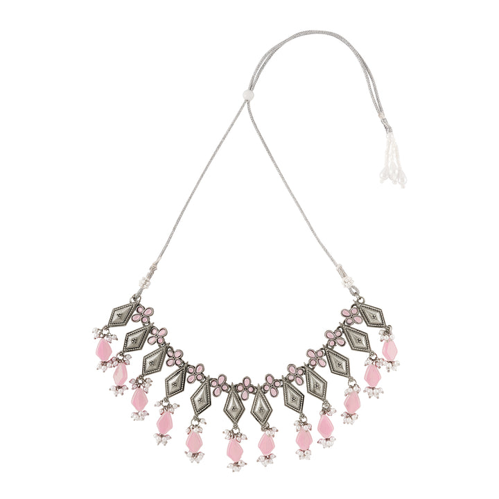 Teejh Roopmati Silver Oxidised Pink Necklace Set