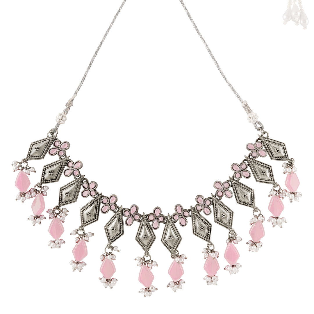 Teejh Roopmati Silver Oxidised Pink Necklace Set