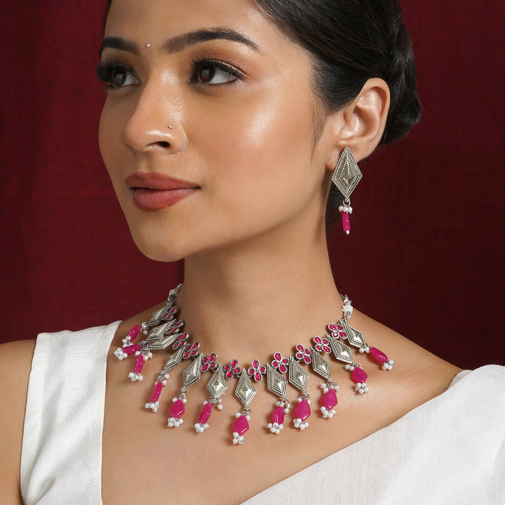 Teejh Sakina Silver Oxidised Ruby Necklace Set