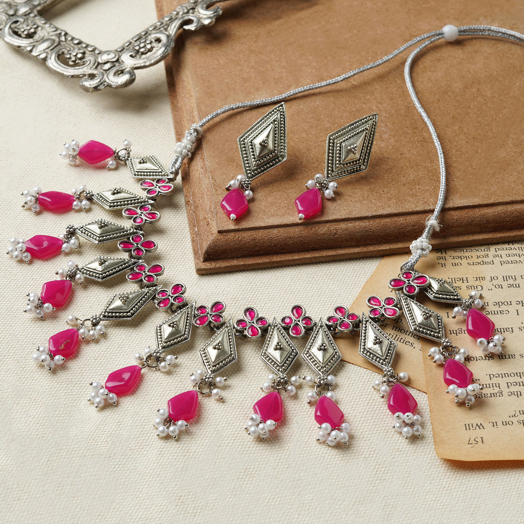 Teejh Sakina Silver Oxidised Ruby Necklace Set