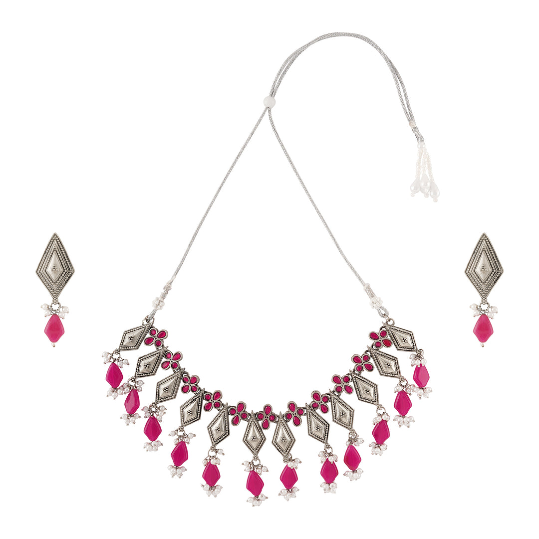 Teejh Sakina Silver Oxidised Ruby Necklace Set