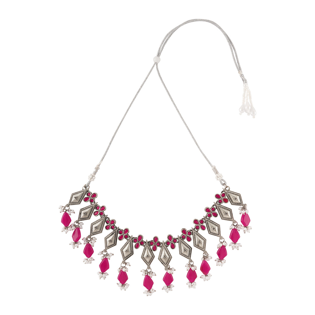 Teejh Sakina Silver Oxidised Ruby Necklace Set