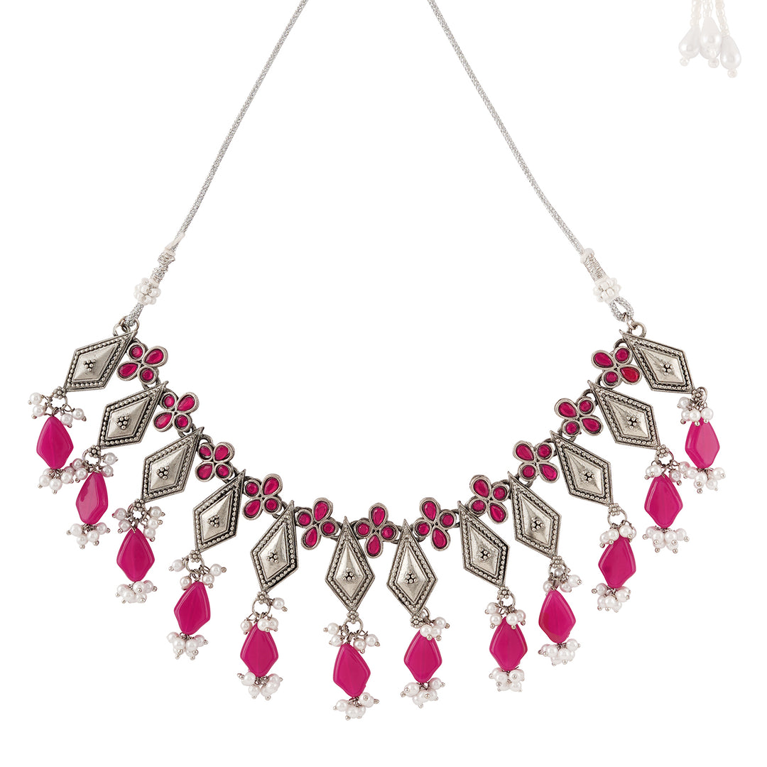 Teejh Sakina Silver Oxidised Ruby Necklace Set