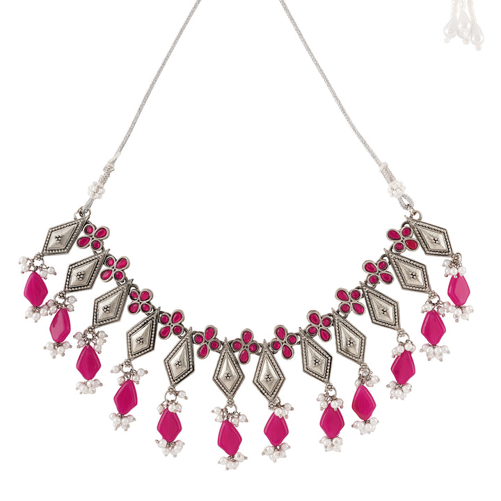 Teejh Sakina Silver Oxidised Ruby Necklace Set