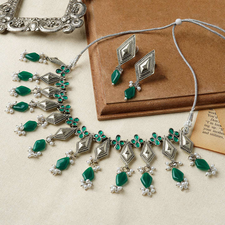 Teejh Sakvarbai Silver Oxidised Green Necklace Set