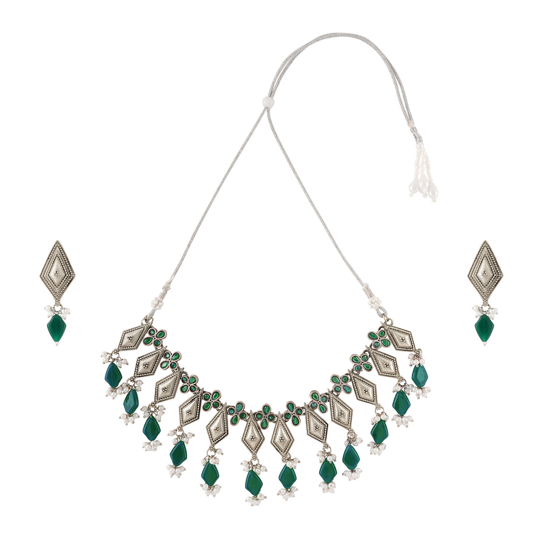 Teejh Sakvarbai Silver Oxidised Green Necklace Set