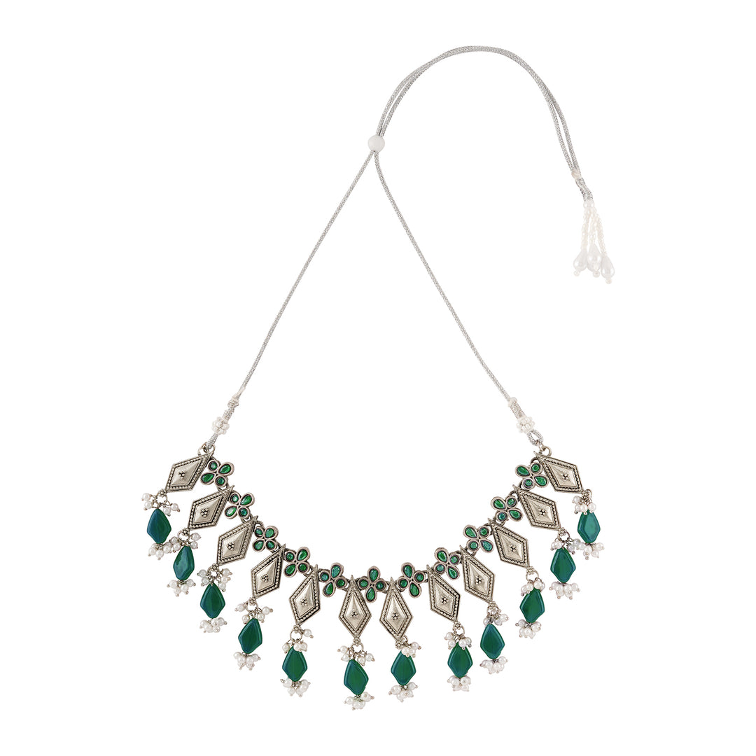 Teejh Sakvarbai Silver Oxidised Green Necklace Set