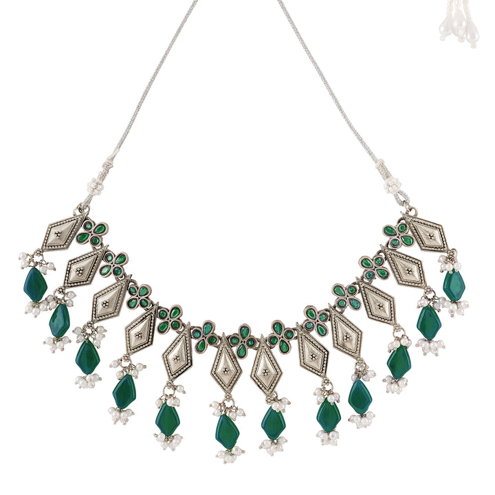 Teejh Sakvarbai Silver Oxidised Green Necklace Set