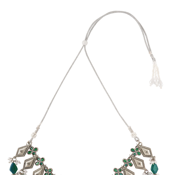 Teejh Sakvarbai Silver Oxidised Green Necklace Set