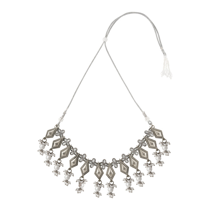 Teejh Sanghamitta Silver Oxidised White Necklace Set
