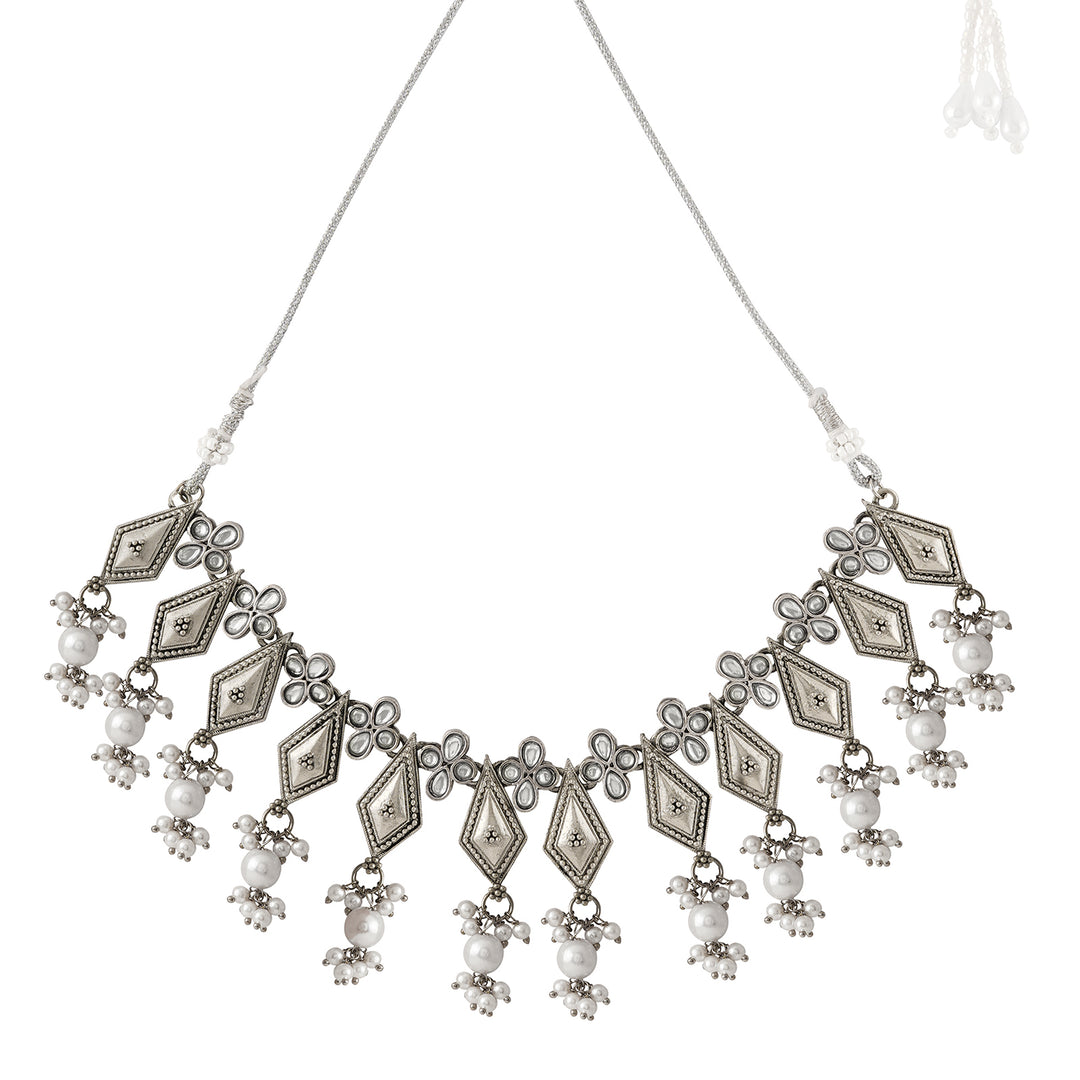Teejh Sanghamitta Silver Oxidised White Necklace Set