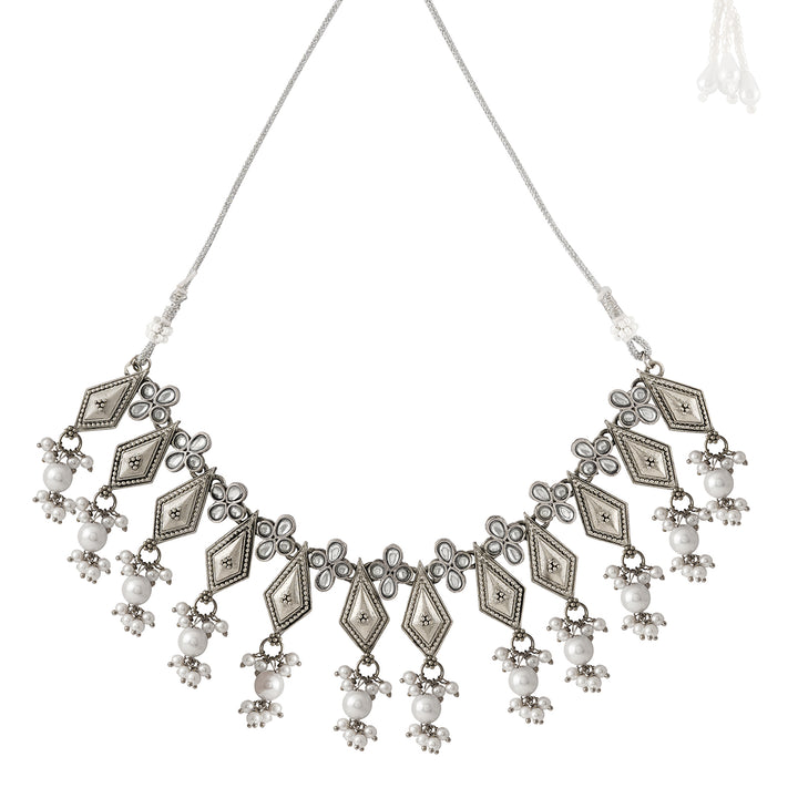 Teejh Sanghamitta Silver Oxidised White Necklace Set