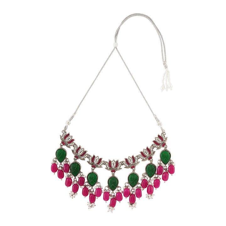 Teejh Sadhani Silver Oxidised Pink And Green Necklace Set