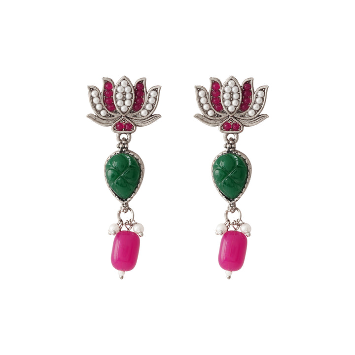 Teejh Sadhani Silver Oxidised Pink And Green Necklace Set