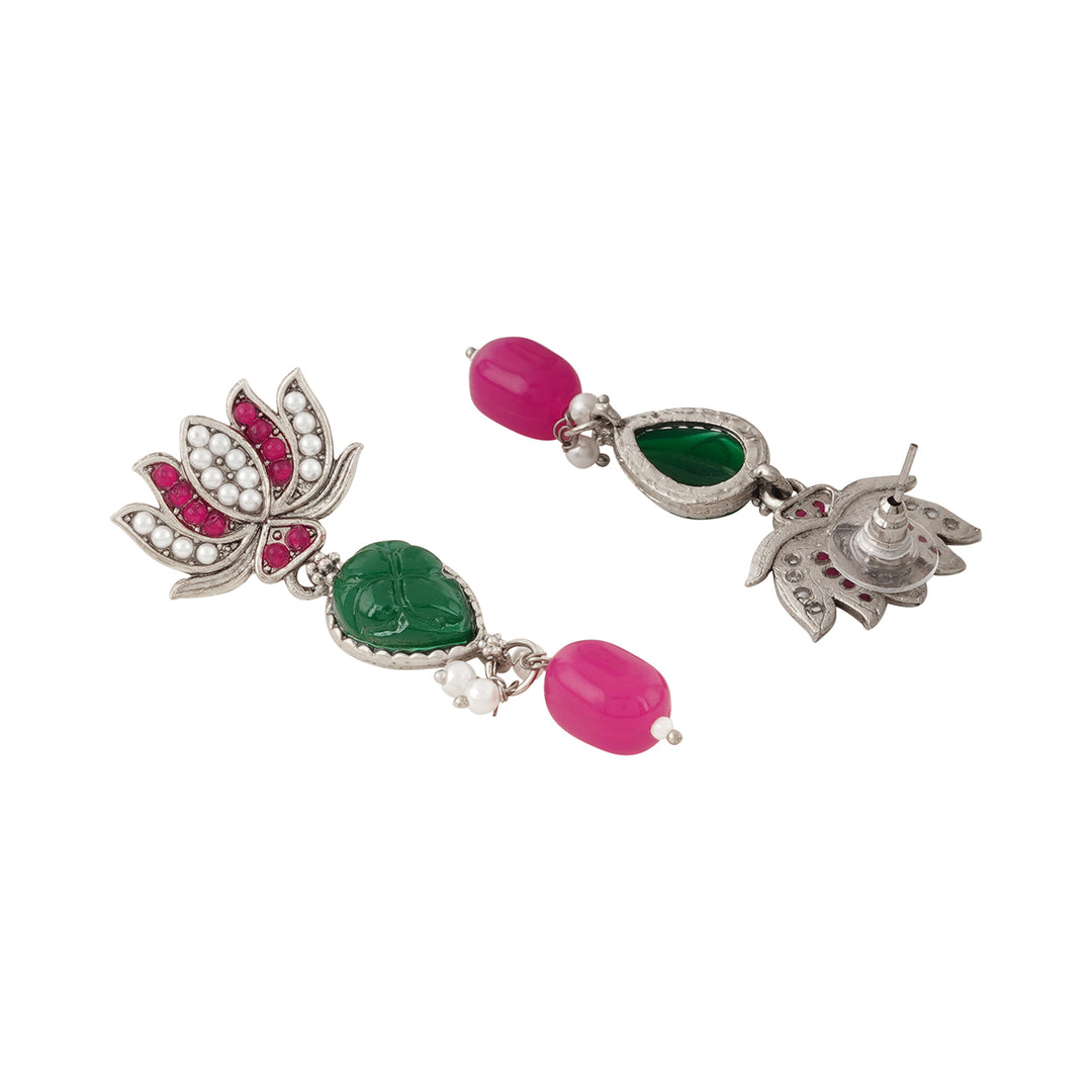 Teejh Sadhani Silver Oxidised Pink And Green Necklace Set