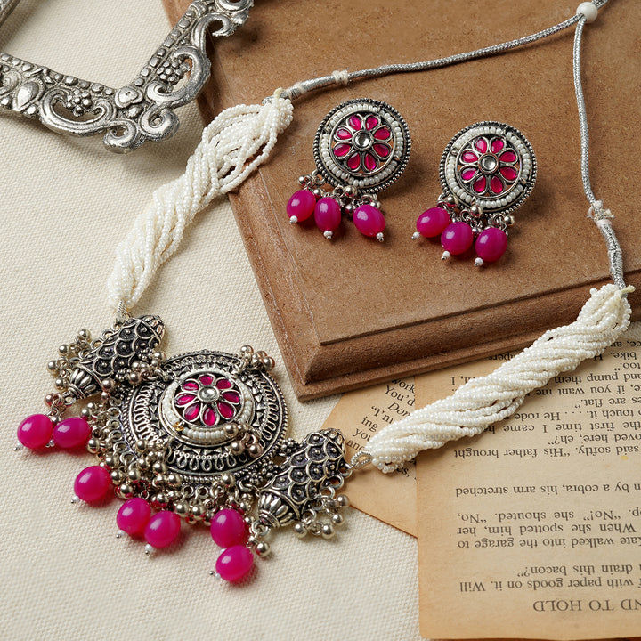 Teejh Satyavati Silver Oxidised Ruby Necklace Set
