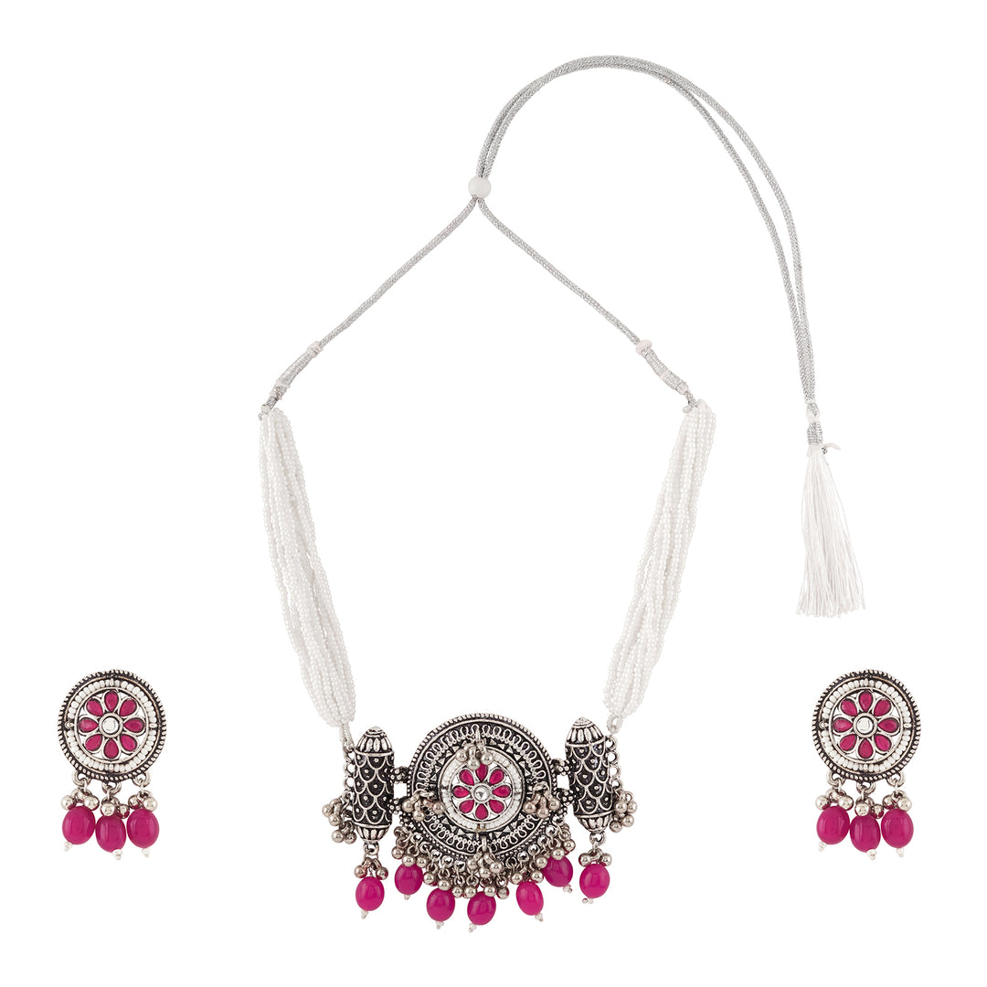 Teejh Satyavati Silver Oxidised Ruby Necklace Set