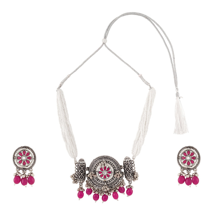 Teejh Satyavati Silver Oxidised Ruby Necklace Set