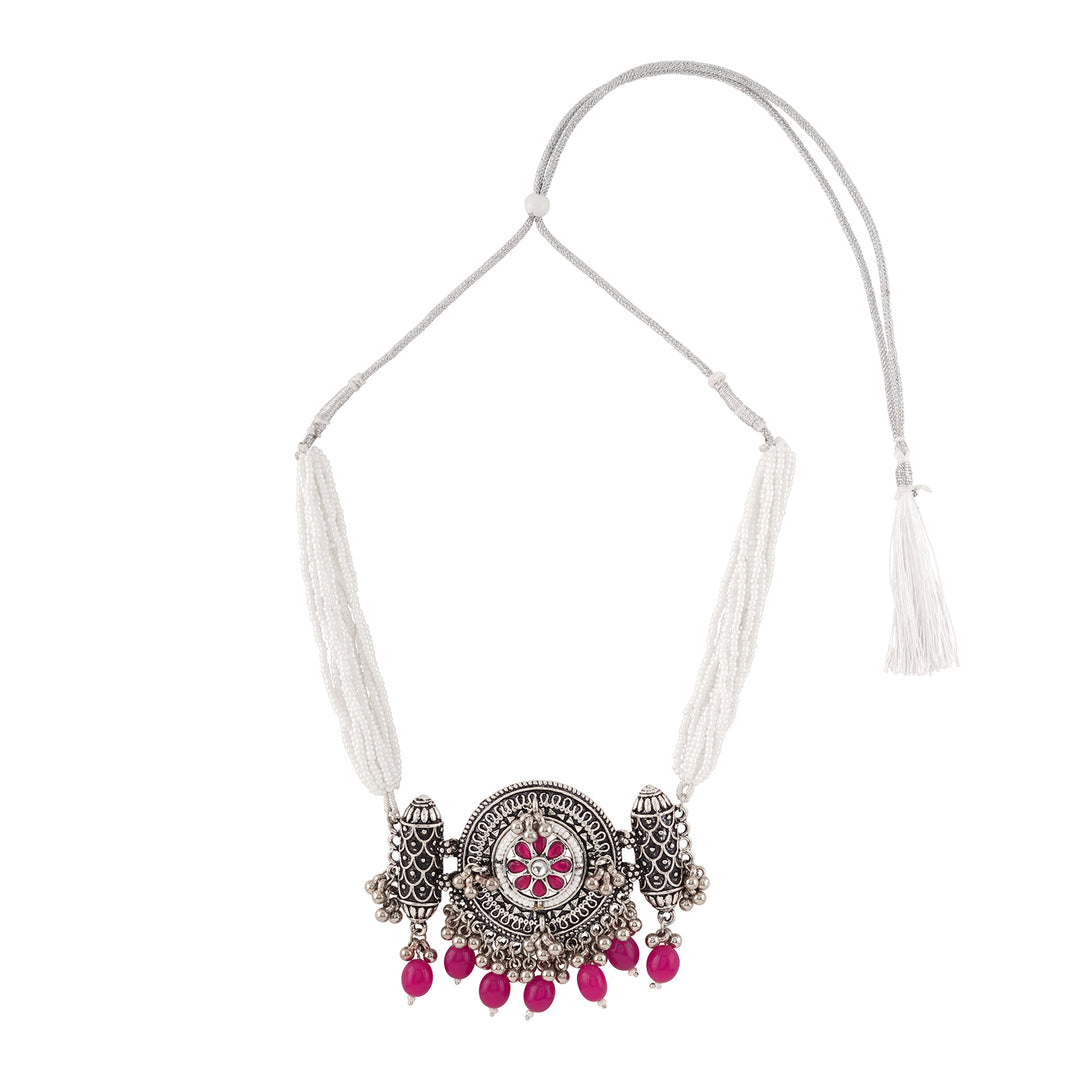 Teejh Satyavati Silver Oxidised Ruby Necklace Set
