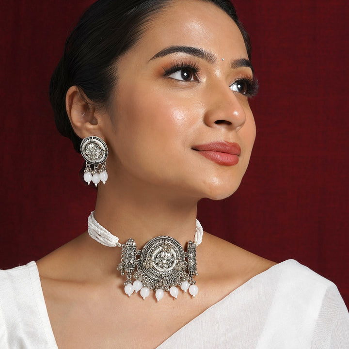 Teejh Soyarabai Silver Oxidised White Necklace Set
