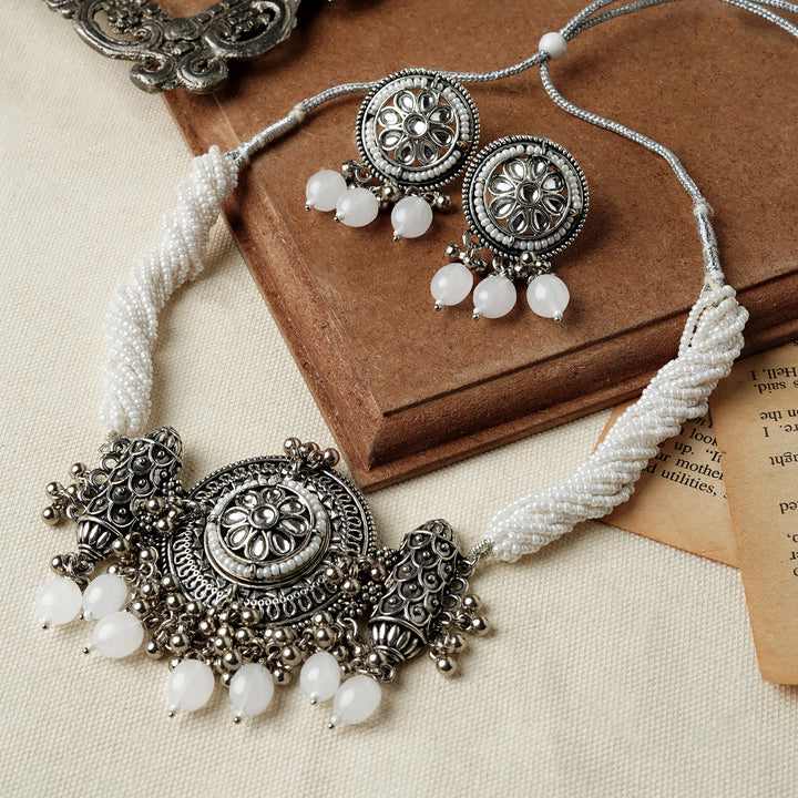 Teejh Soyarabai Silver Oxidised White Necklace Set