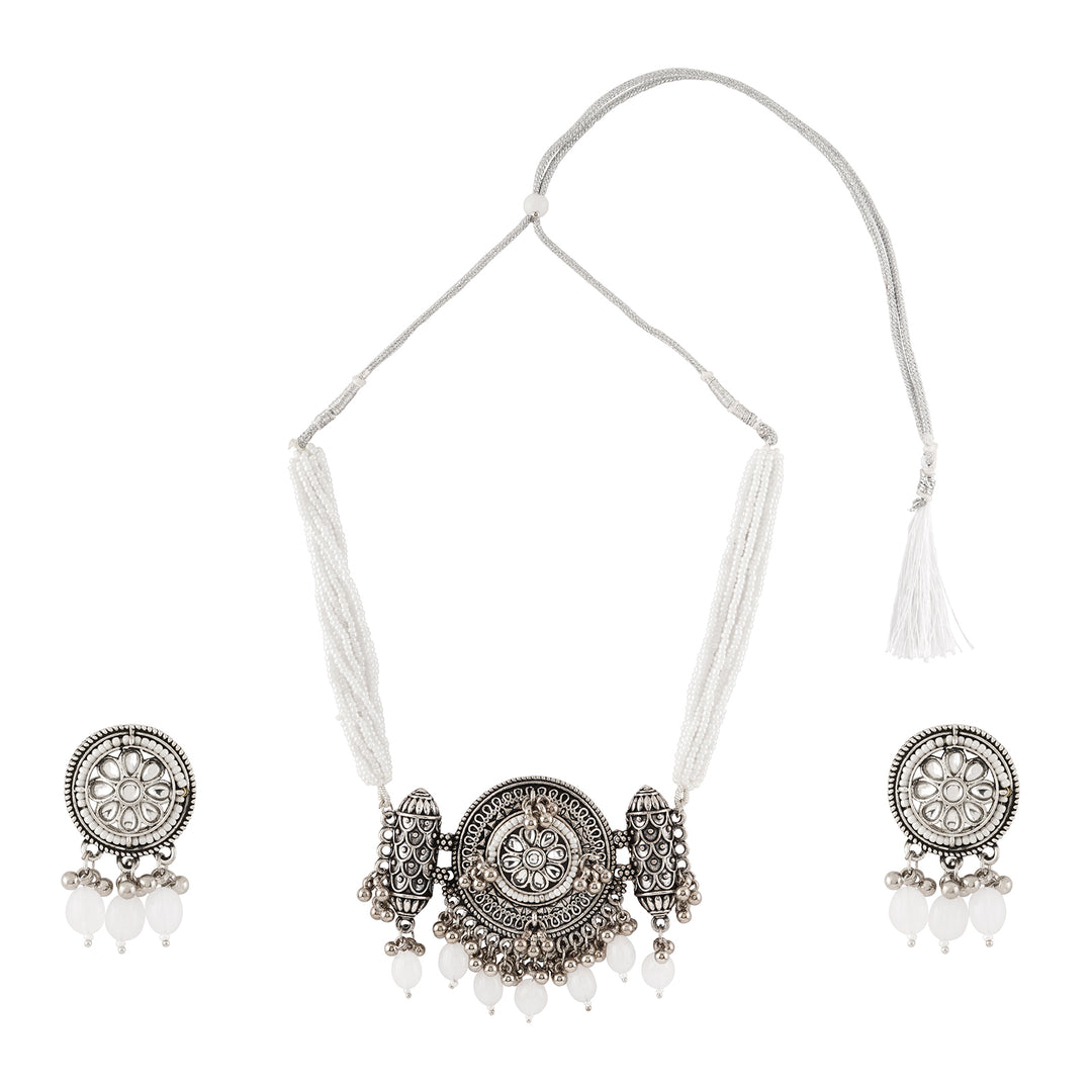 Teejh Soyarabai Silver Oxidised White Necklace Set