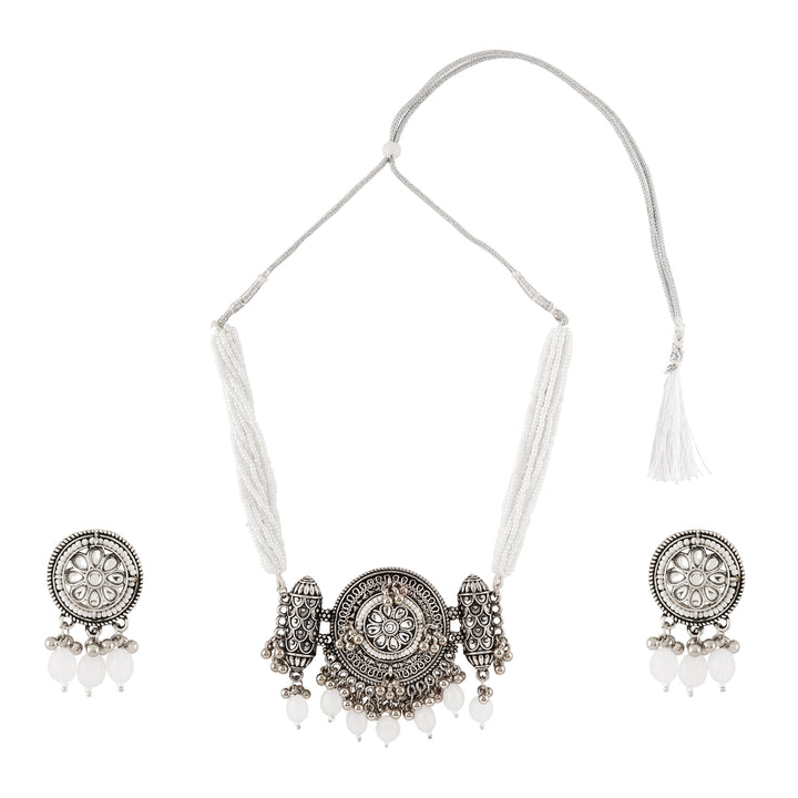 Teejh Soyarabai Silver Oxidised White Necklace Set