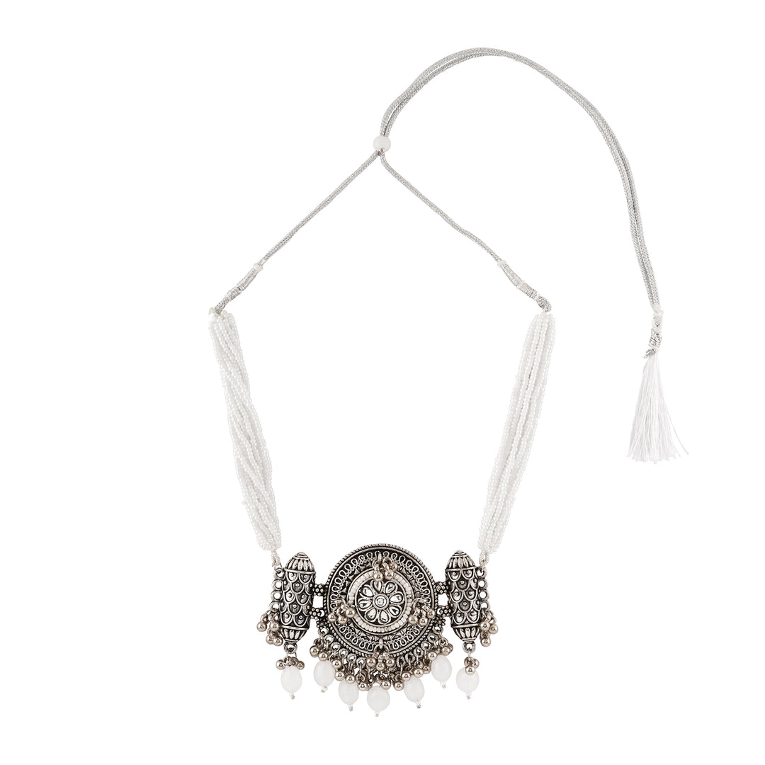 Teejh Soyarabai Silver Oxidised White Necklace Set