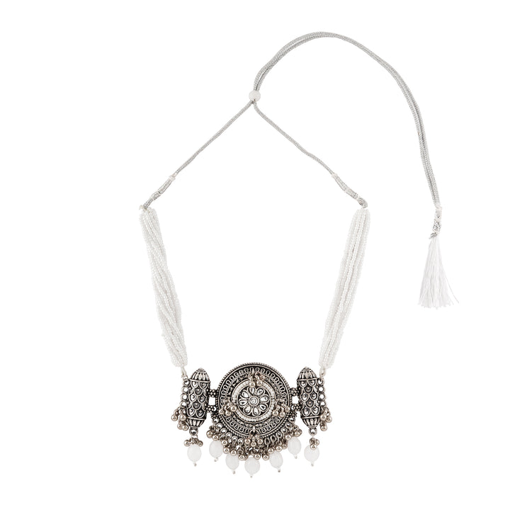 Teejh Soyarabai Silver Oxidised White Necklace Set