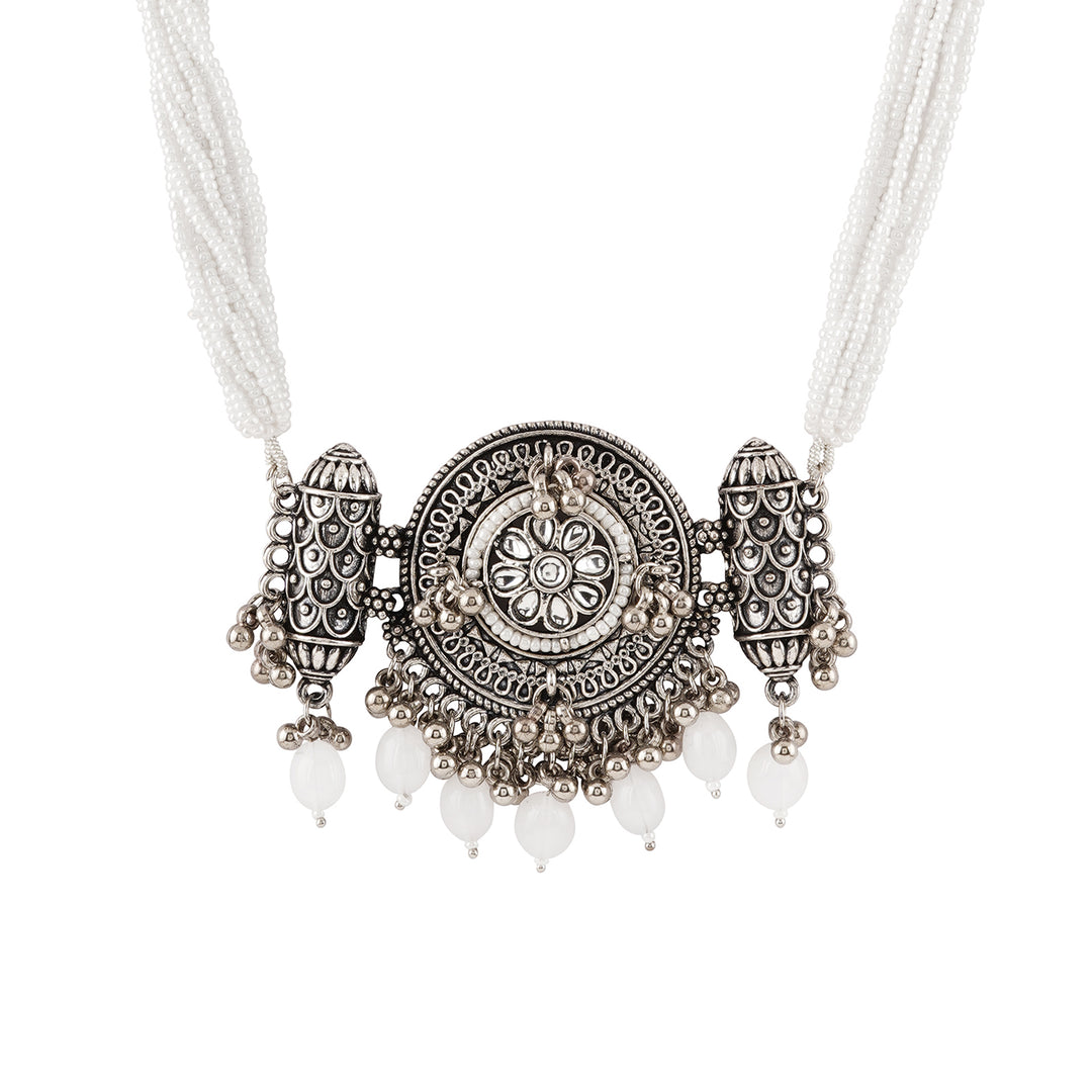 Teejh Soyarabai Silver Oxidised White Necklace Set
