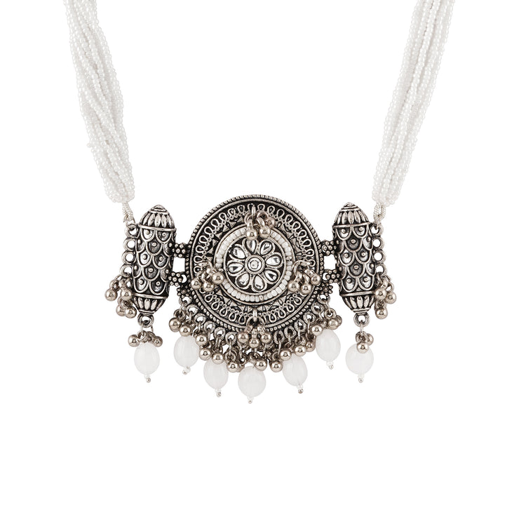 Teejh Soyarabai Silver Oxidised White Necklace Set