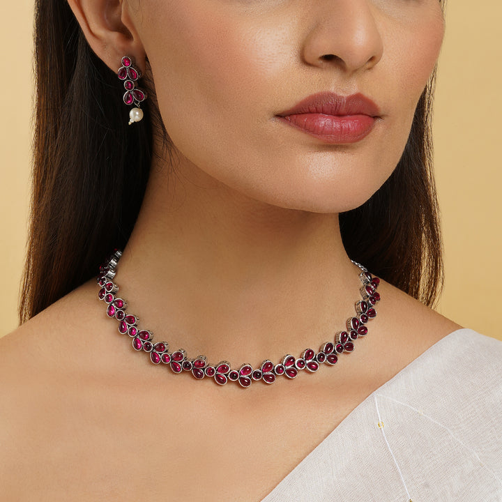 Teejh Silver and  Pink Petal Fusion Necklace set