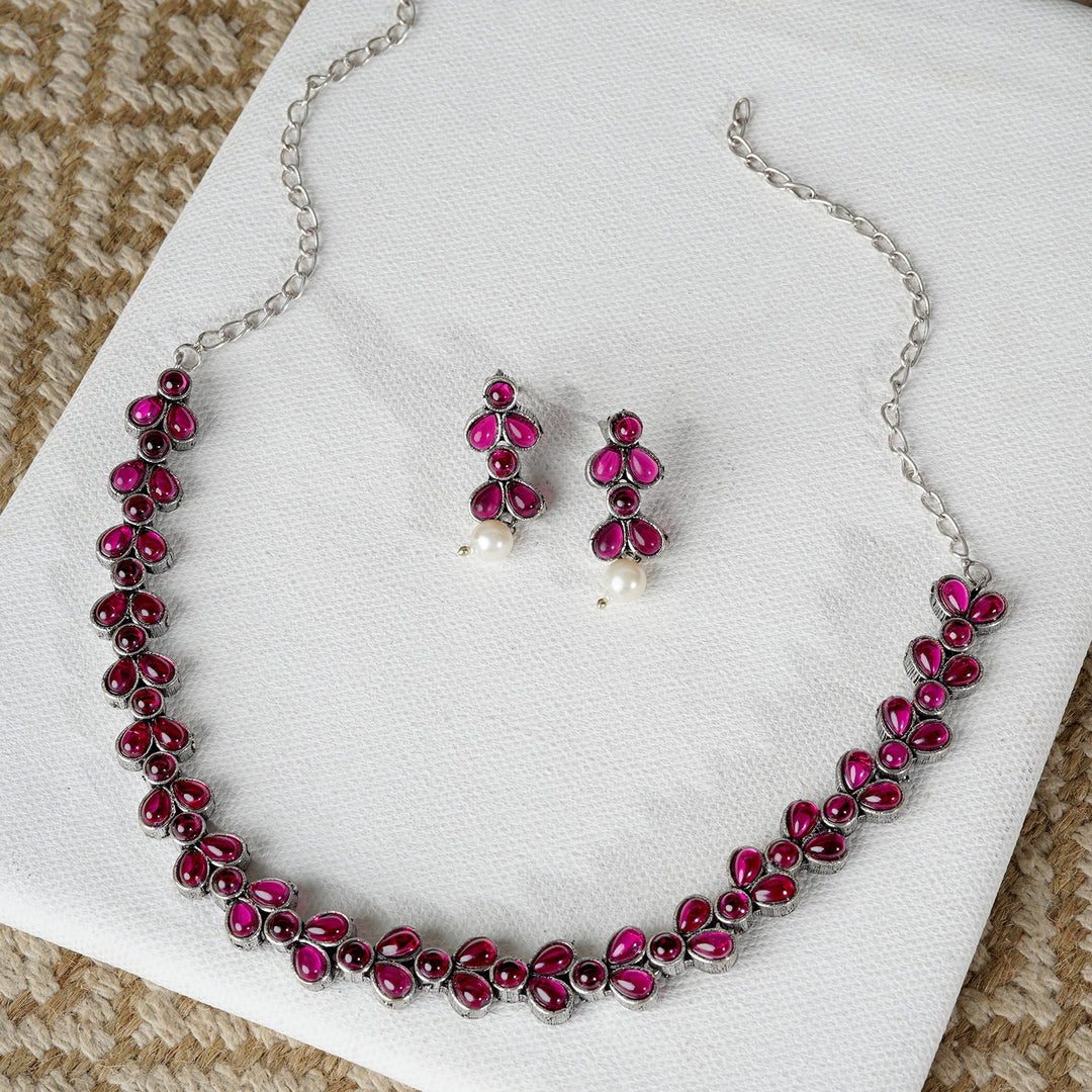 Teejh Silver and  Pink Petal Fusion Necklace set