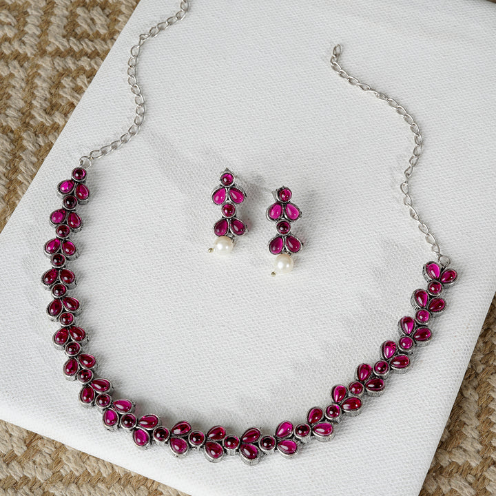 Teejh Silver and  Pink Petal Fusion Necklace set