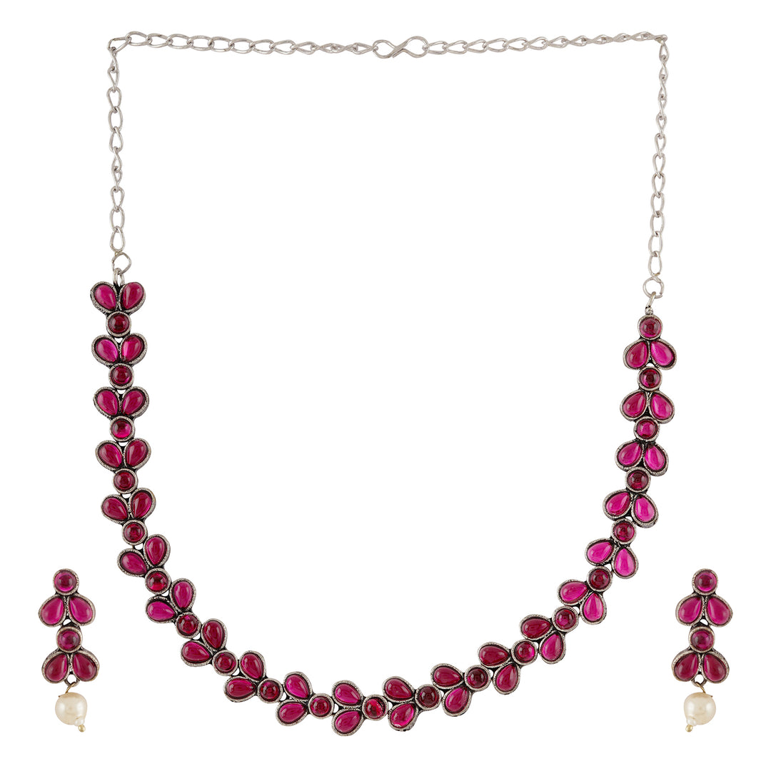 Teejh Silver and  Pink Petal Fusion Necklace set