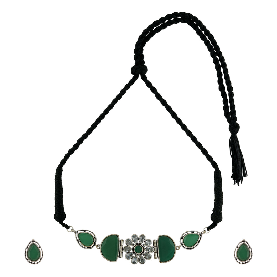 Teejh Silver and Green Medow Necklace Set