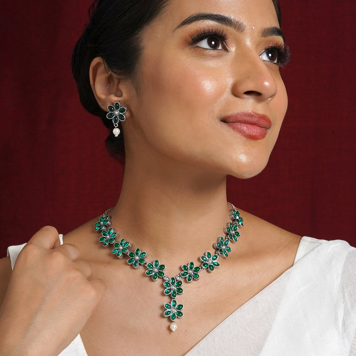Teejh Silver Emerald and Floral Motif Set