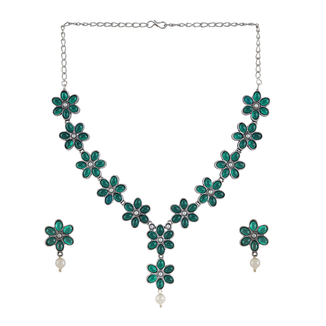 Teejh Silver Emerald and Floral Motif Set
