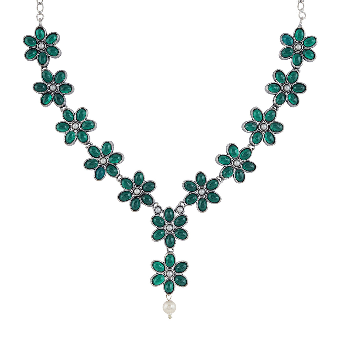 Teejh Silver Emerald and Floral Motif Set