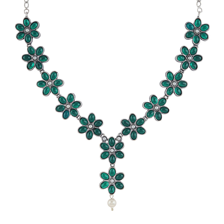 Teejh Silver Emerald and Floral Motif Set