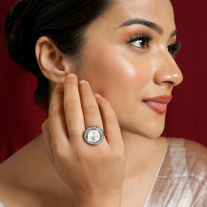 Teejh Silver Oxidised Polki Ring