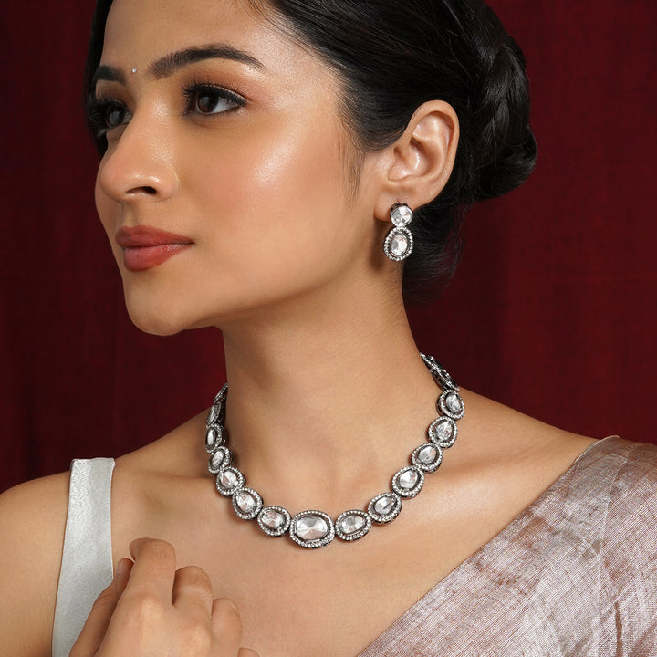 Teejh Kanak Silver Oxidised Uncut Polki Set