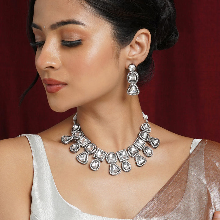 Teejh Zahra Gold and Silver Oxidised Polki Set