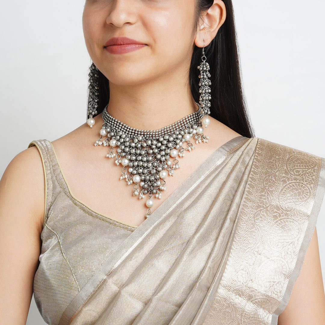 Ruksaar Silver Oxidised Pearl Necklace Set