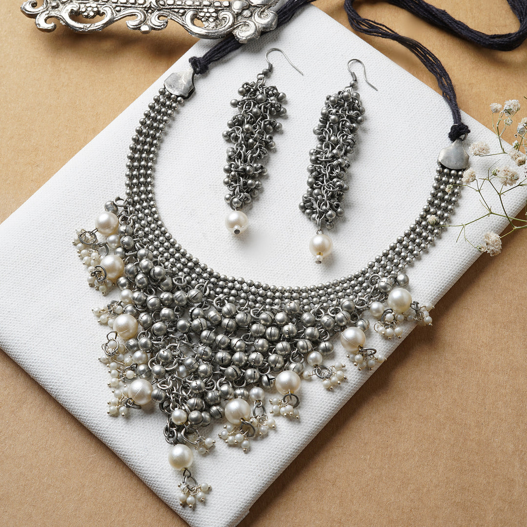 Ruksaar Silver Oxidised Pearl Necklace Set