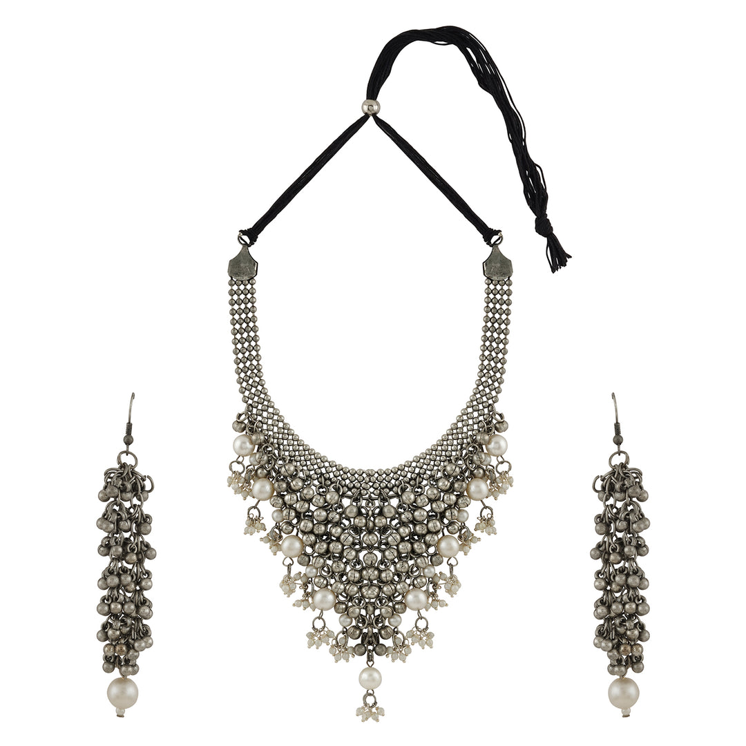 Ruksaar Silver Oxidised Pearl Necklace Set