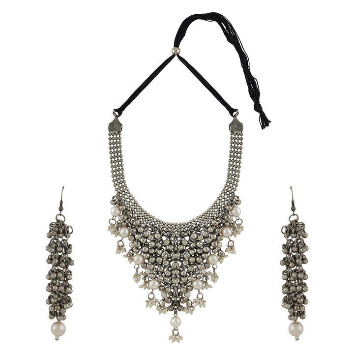 Ruksaar Silver Oxidised Pearl Necklace Set
