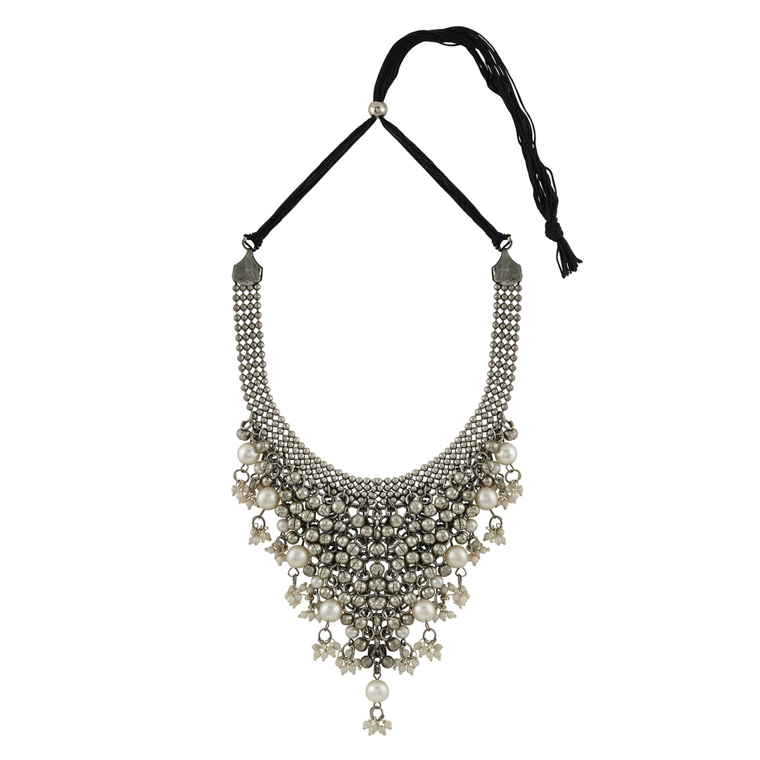 Ruksaar Silver Oxidised Pearl Necklace Set