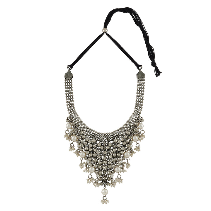 Ruksaar Silver Oxidised Pearl Necklace Set