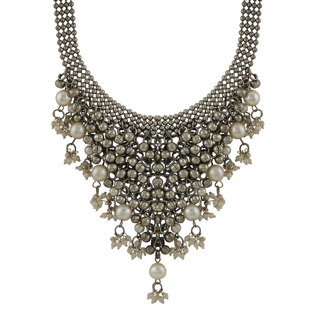 Ruksaar Silver Oxidised Pearl Necklace Set